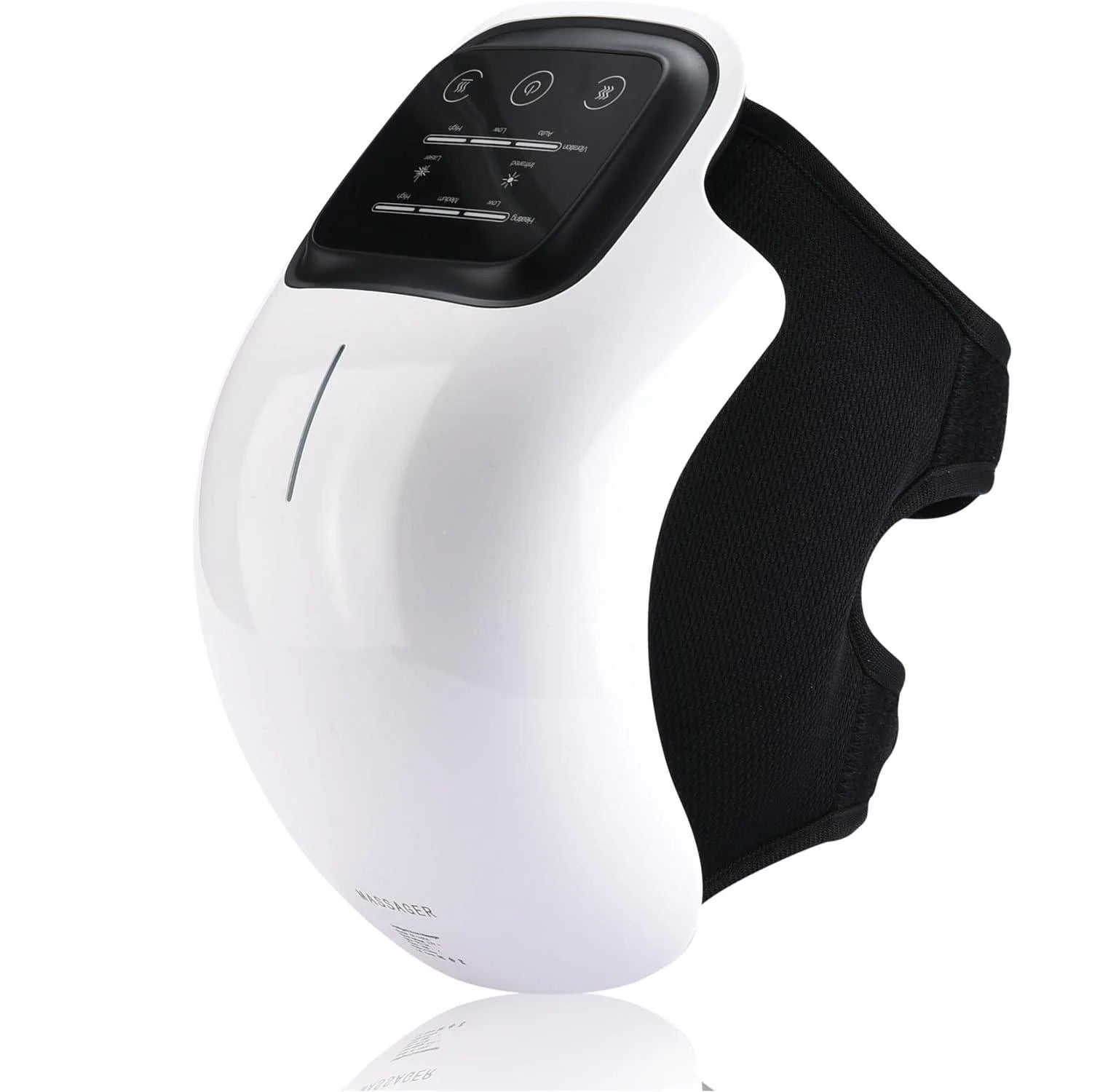 White knee massager device with black strap on a white background